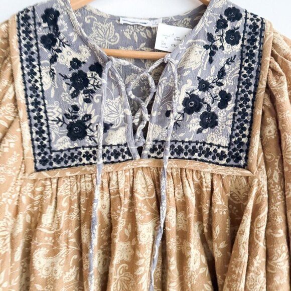 Unsubscribed Cotton Embroidered Mustard Yellow Navy Blue Dress 2 - Picture 3 of 9